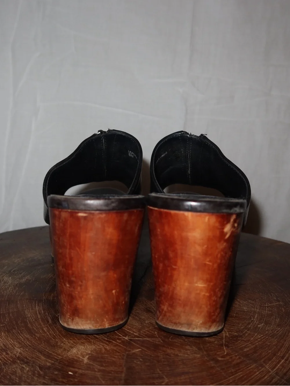 Via Spiga Black Leather Platform Mule Sandals with Wood Wedge